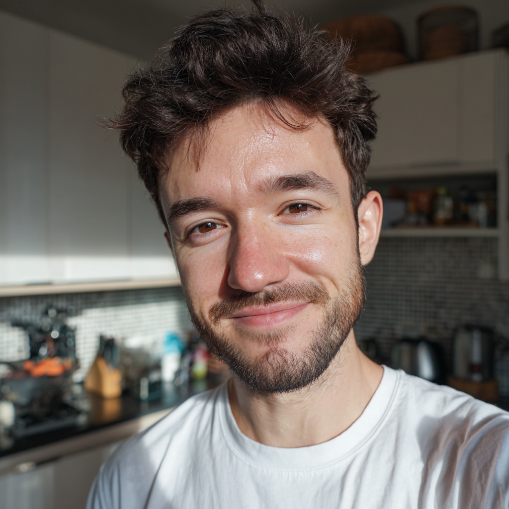 A smiling man standing in a kitchen | Source: Midjourney