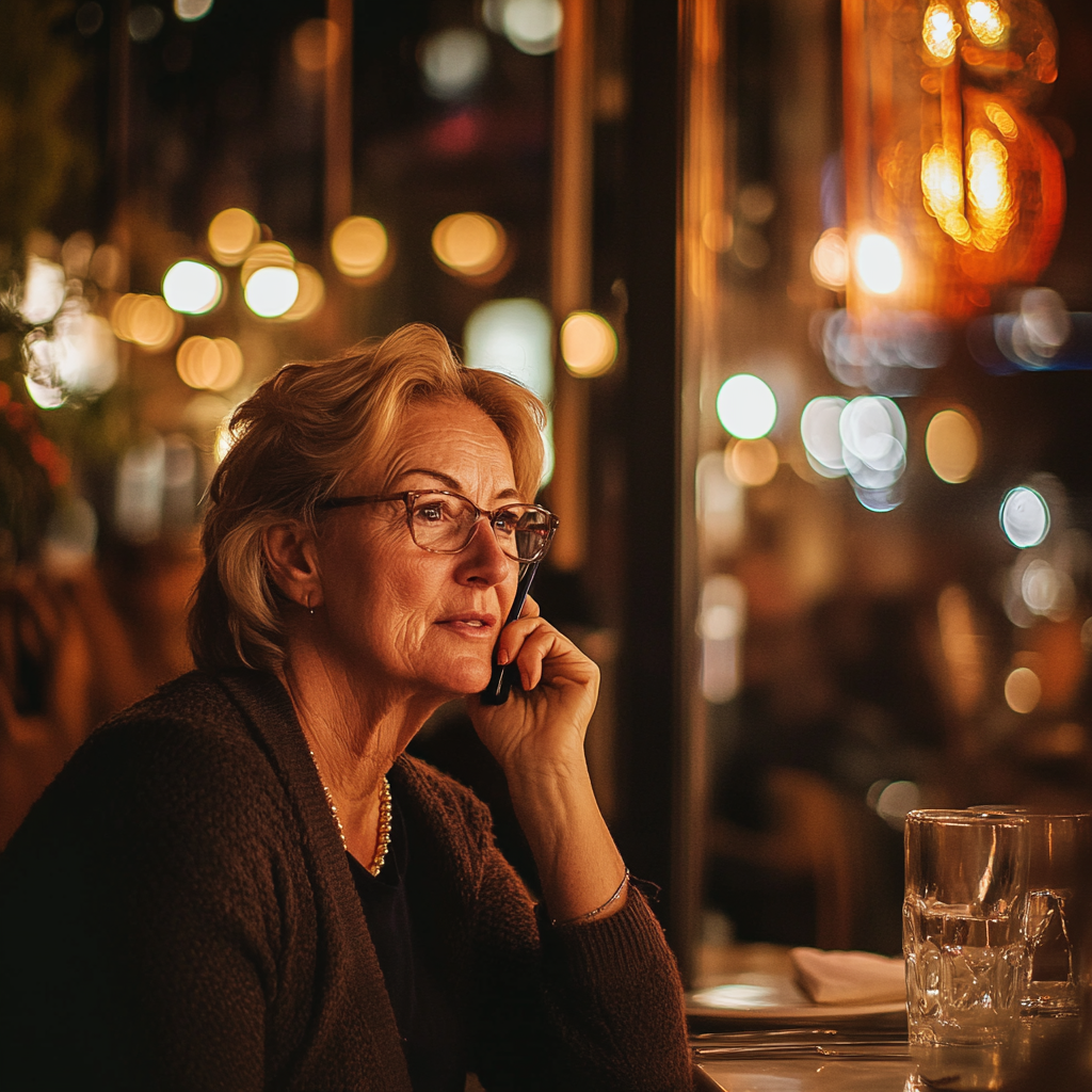 A mature woman talking on her phone in a restaurant | Source: Midjourney