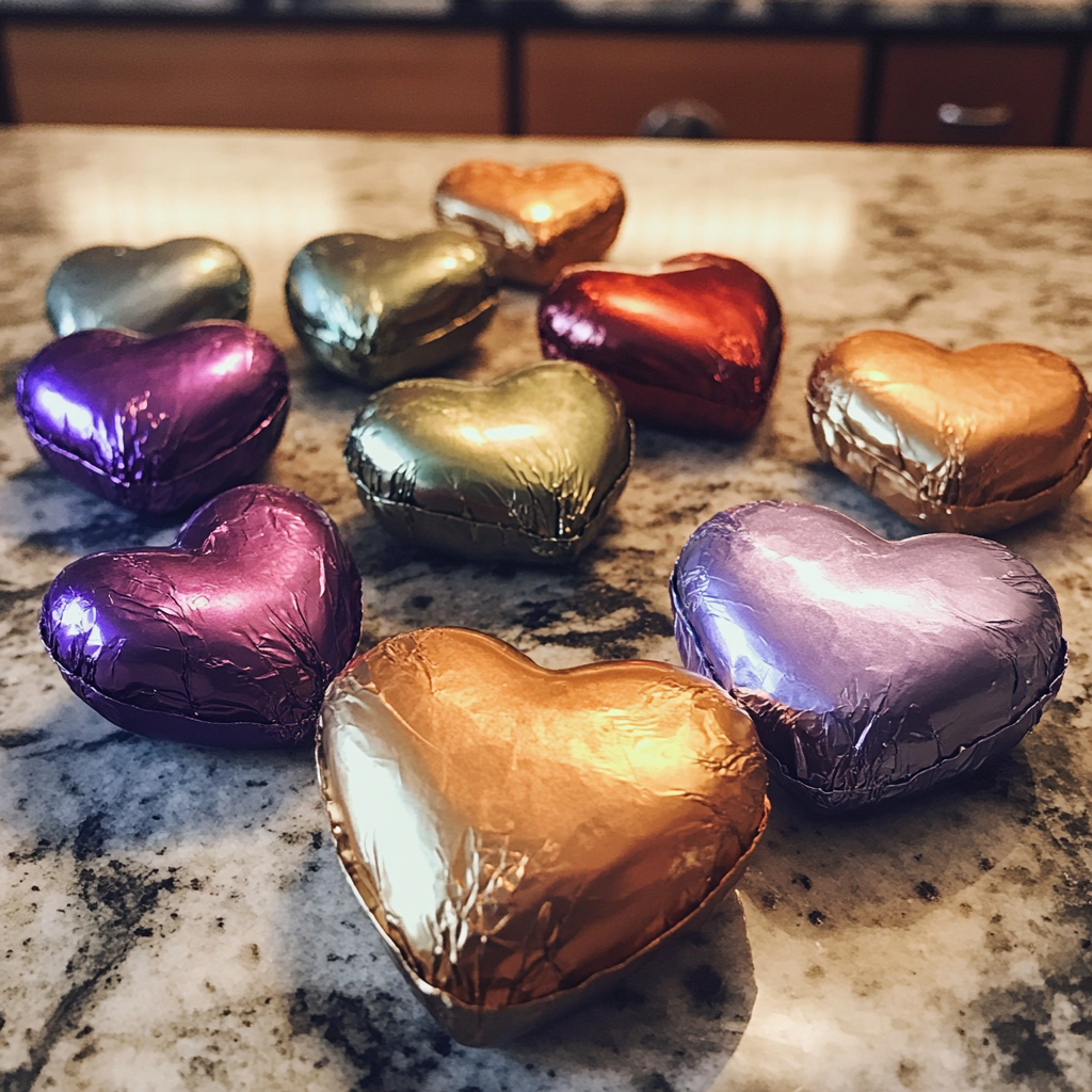 Heart-shaped chocolates wrapped in foil | Source: Midjourney