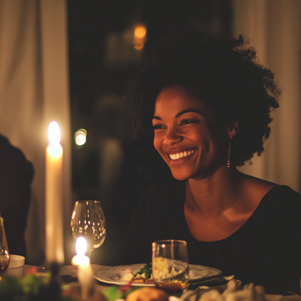 A smiling woman at a dinner table | Source: Midjourney