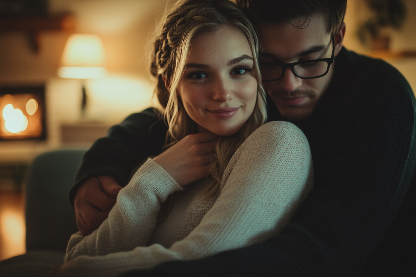 Couple in their 30s hugging on a couch and smiling at night in a living room | Source: Midjourney