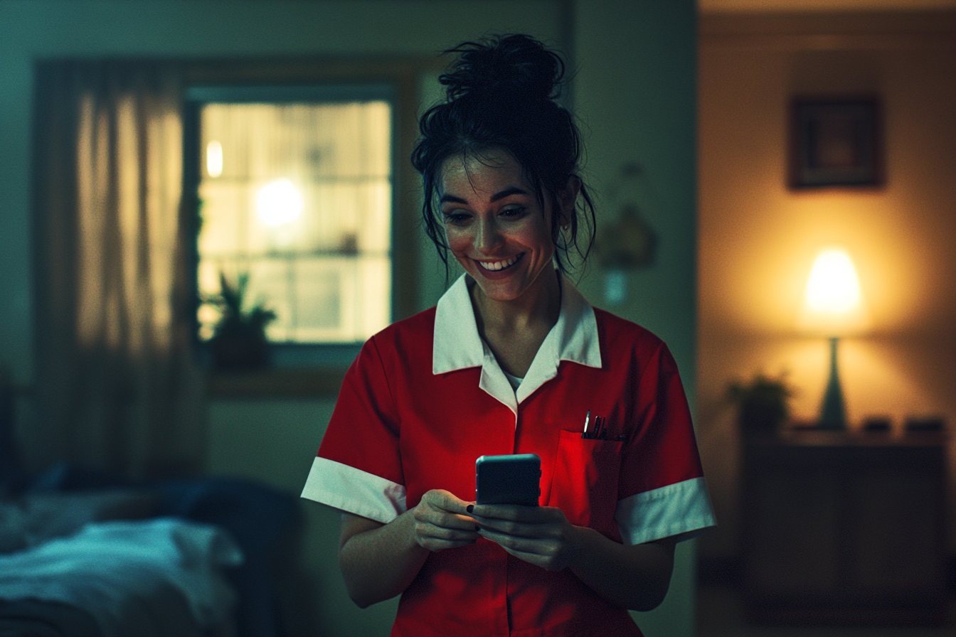 Woman in uniform smiling while using a phone inside a bedroom | Source: Midjourney