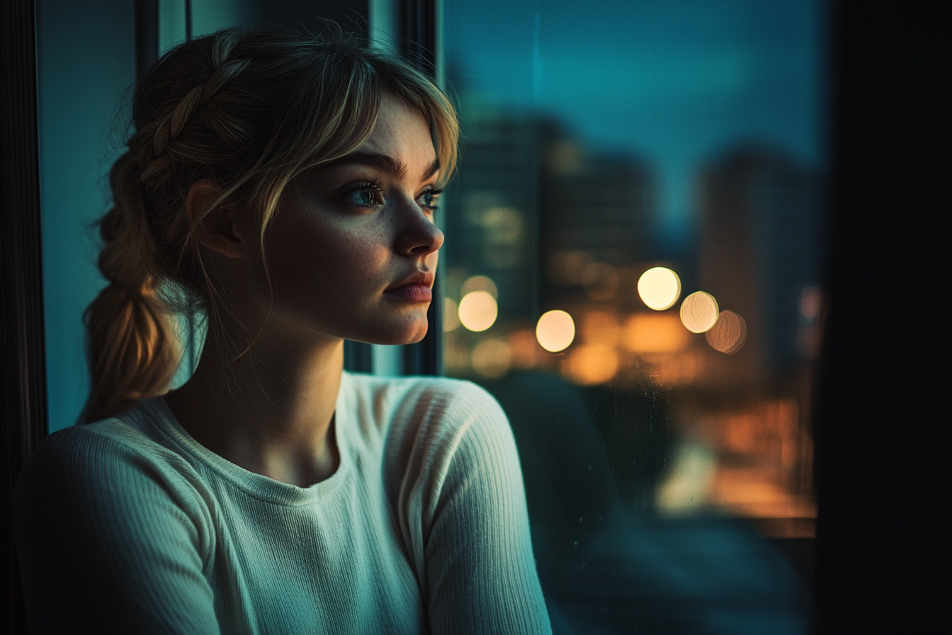 A woman with a sad expression looking out a window | Source: Midjourney