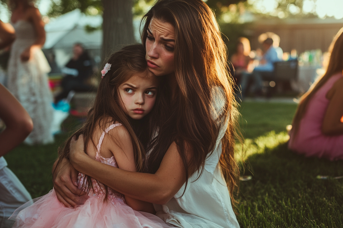 Woman hugging a girl while kneeling at a backyard birthday party | Source: Midjourney