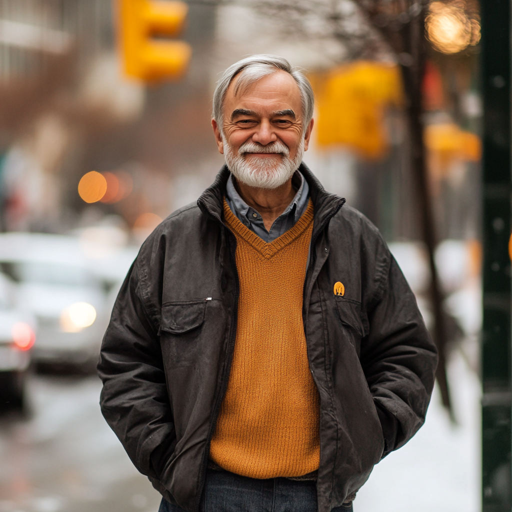 An old man smiles while standing on the street | Source: Midjourney