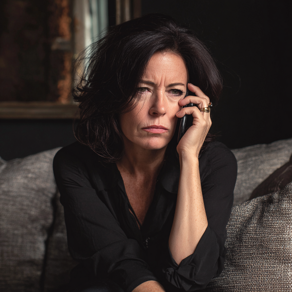 An upset woman sitting on a couch | Source: Midjourney