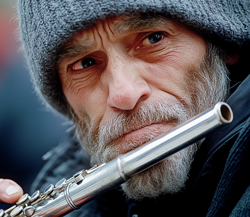 A man holding a flute looking at something | Source: Midjourney