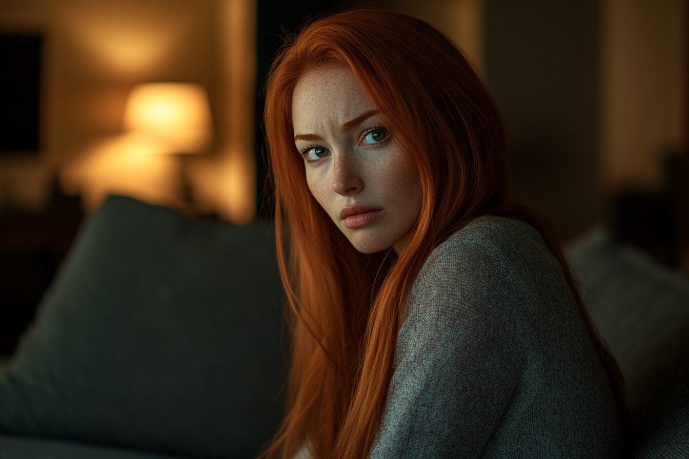 Woman sitting on a couch, looking worried | Source: Midjourney