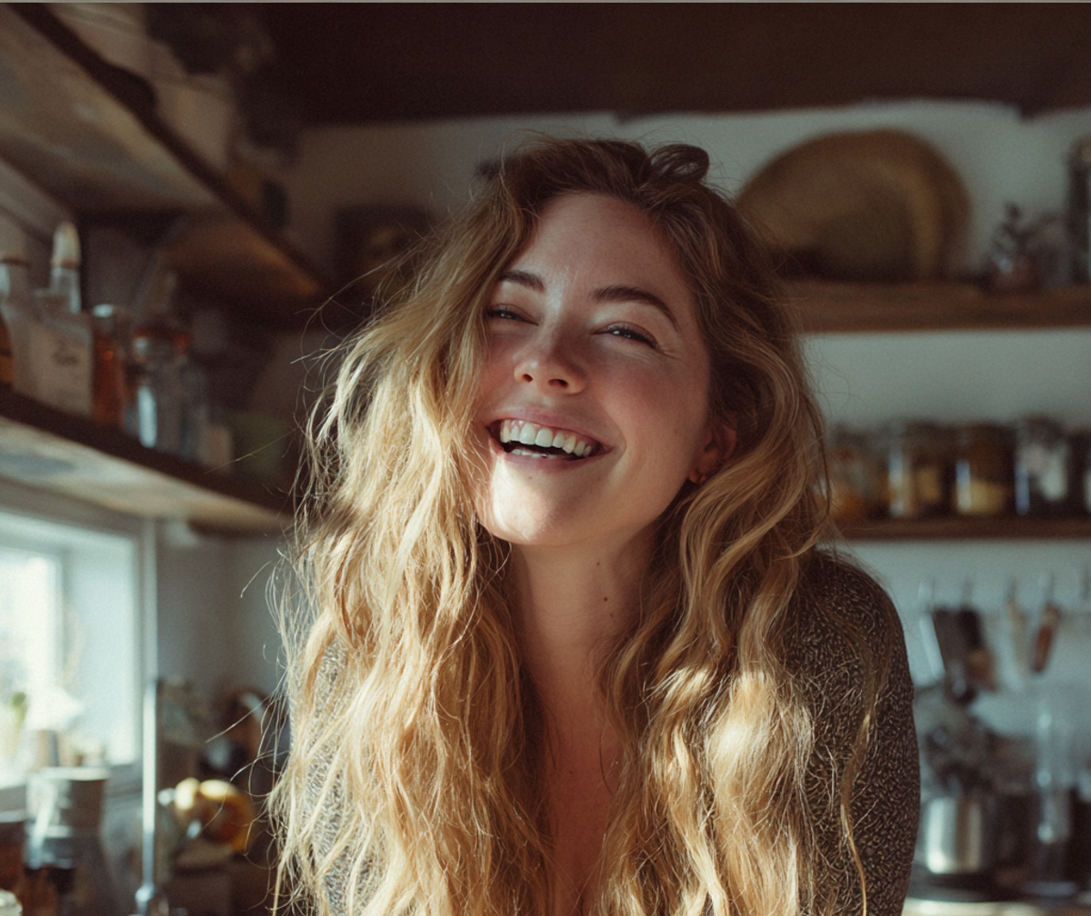 A laughing woman standing in a kitchen | Source: Midjourney