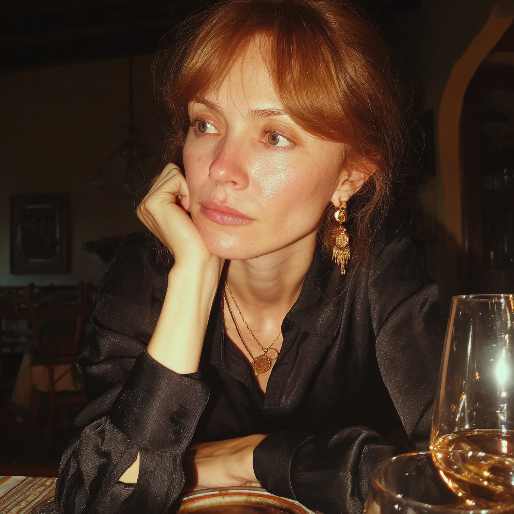 An emotional woman wearing a black blouse | Source: Midjourney