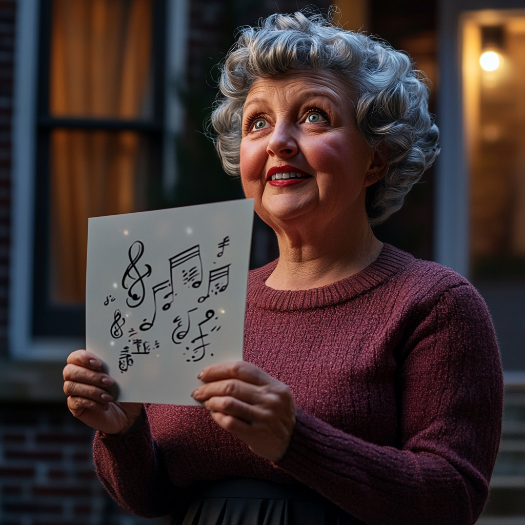 An excited older lady holding a piece of paper bearing hand-drawn musical notes | Source: Midjourney