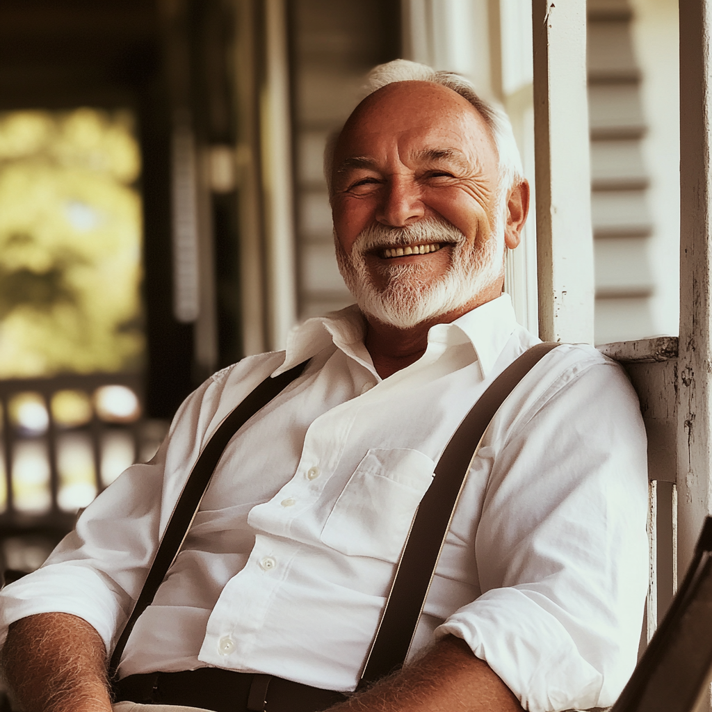 Um homem mais velho sorridente sentado na varanda | Fonte: Midjourney