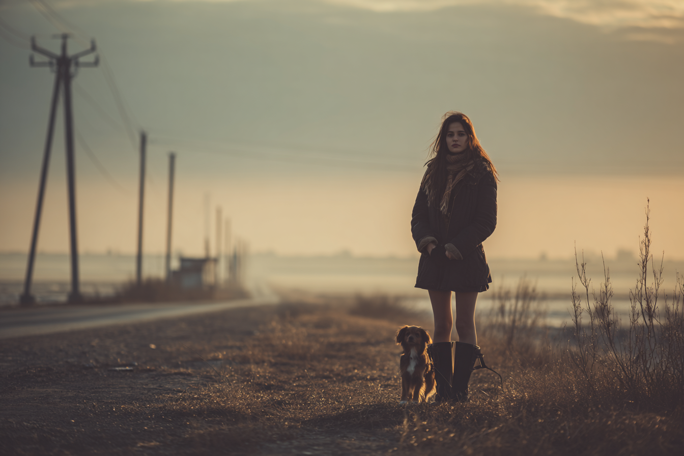 A woman and a dog on the side of a road | Source: Midjourney