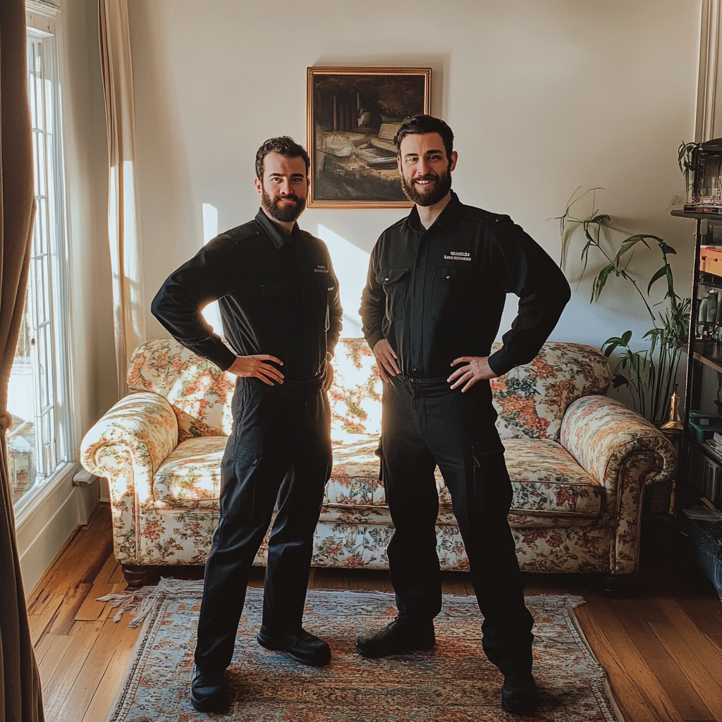 Two men standing in a living room | Source: Midjourney