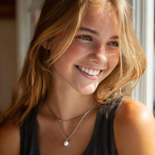 A teenage girl wearing a pearl pendant | Source: Midjourney