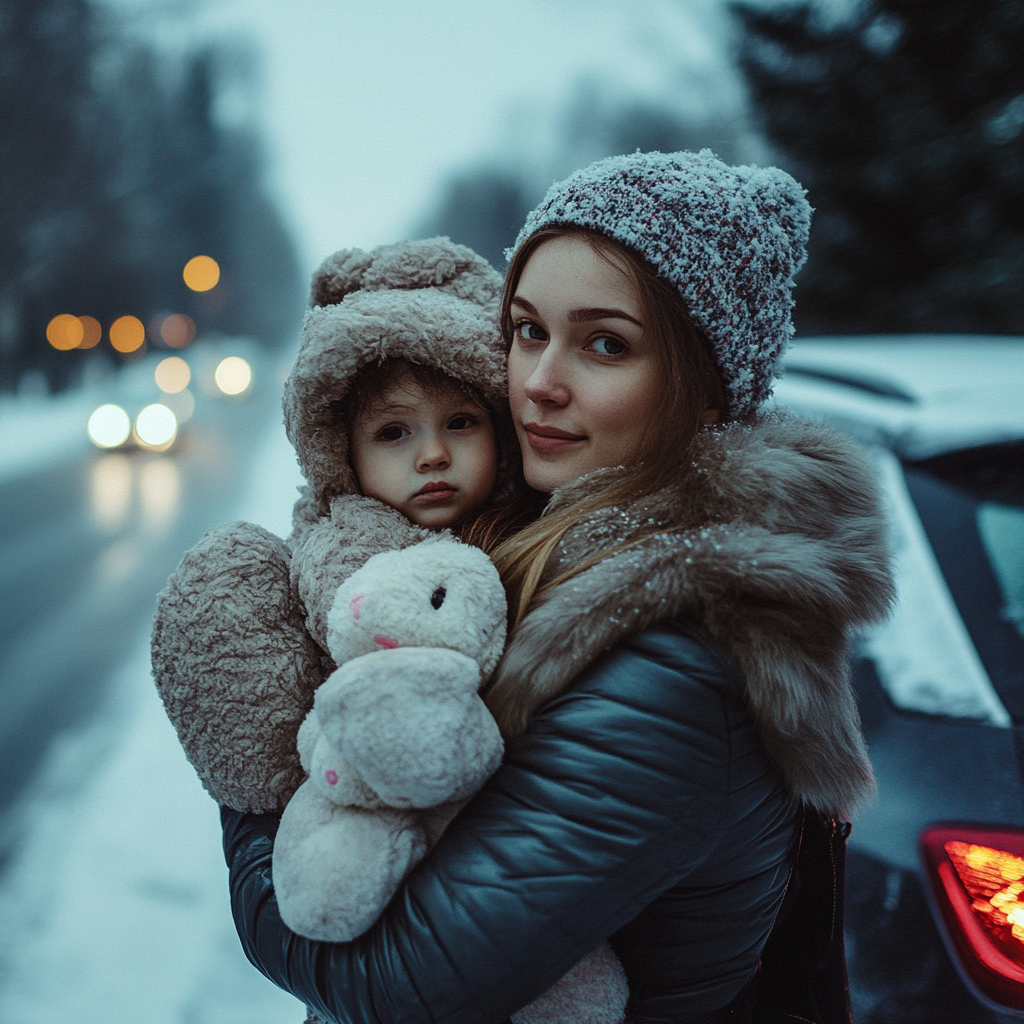 A woman carrying her daughter | Source: Midjourney