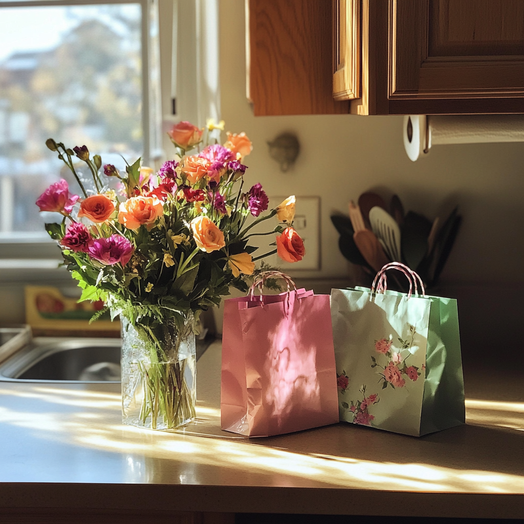 A bouquet of flowers and gifts on a kitchen counter | Source: Midjourney