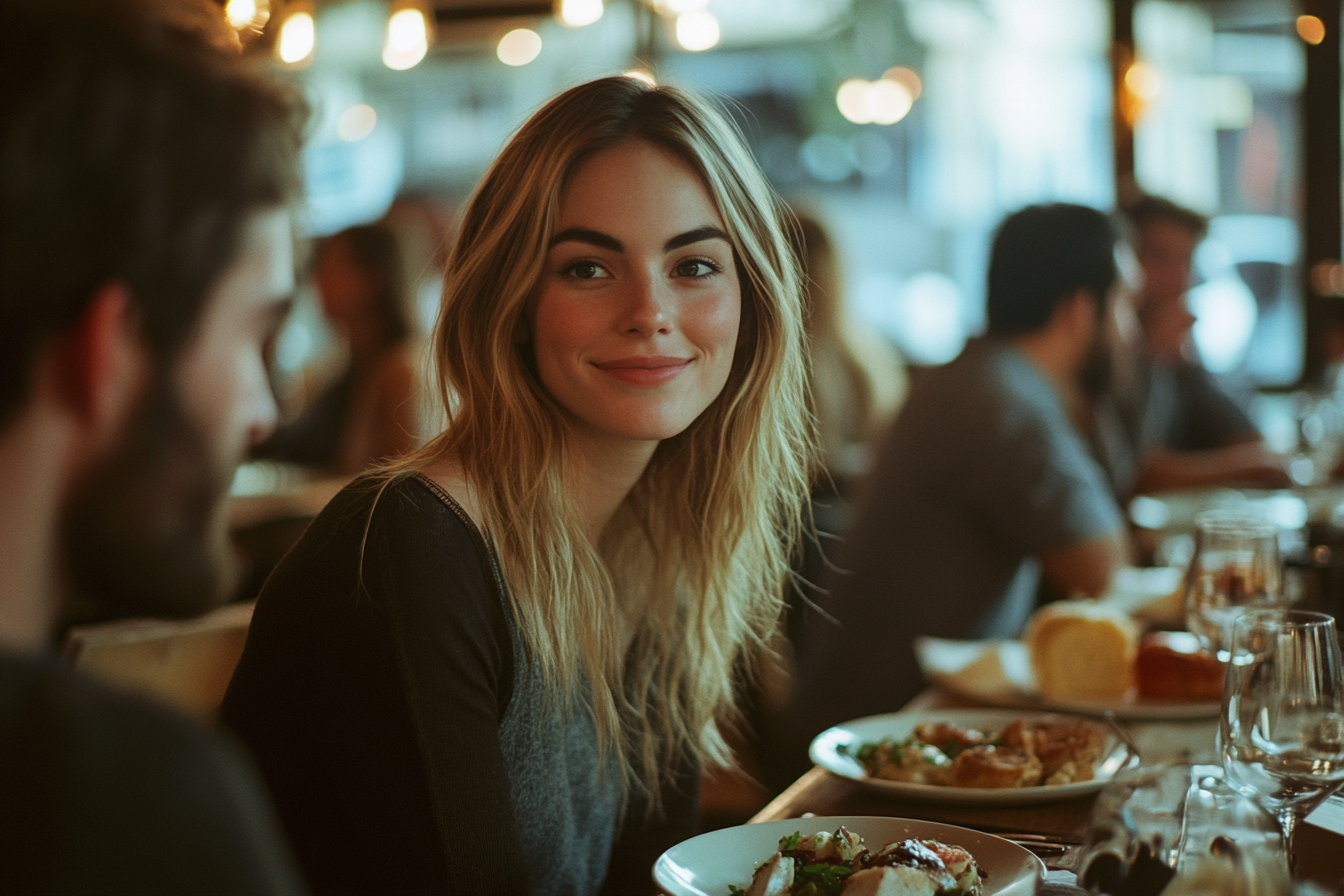 A woman slightly smiling while seated at a dinner table | Source: Midjourney