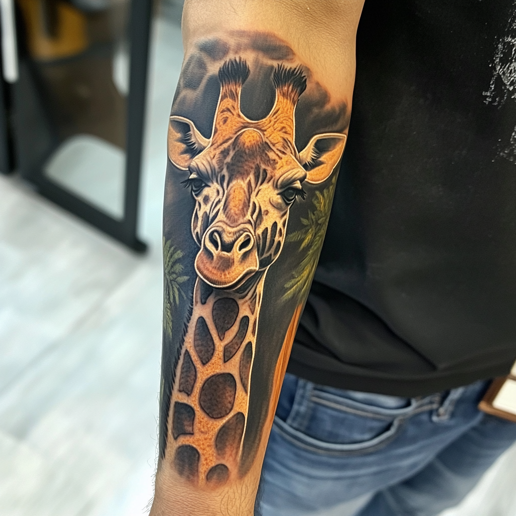 A giraffe tattoo on a man's arm | Source: Midjourney