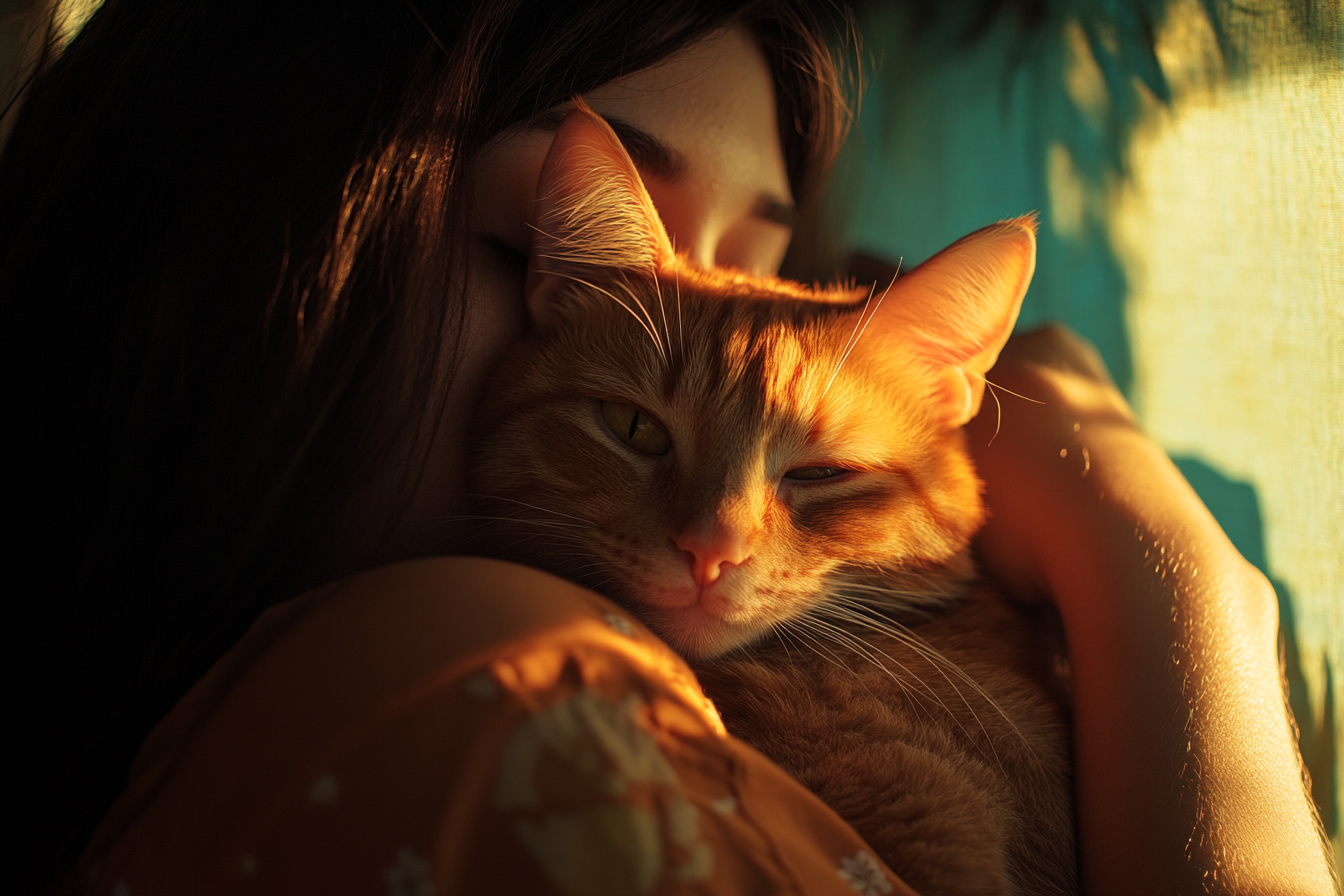 Ginger cat in a woman's arms | Source: Midjourney