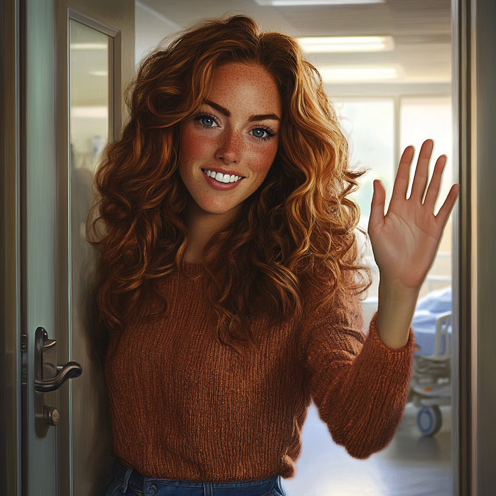 A woman standing at a hospital ward doorway and waving her hand | Source: Midjourney