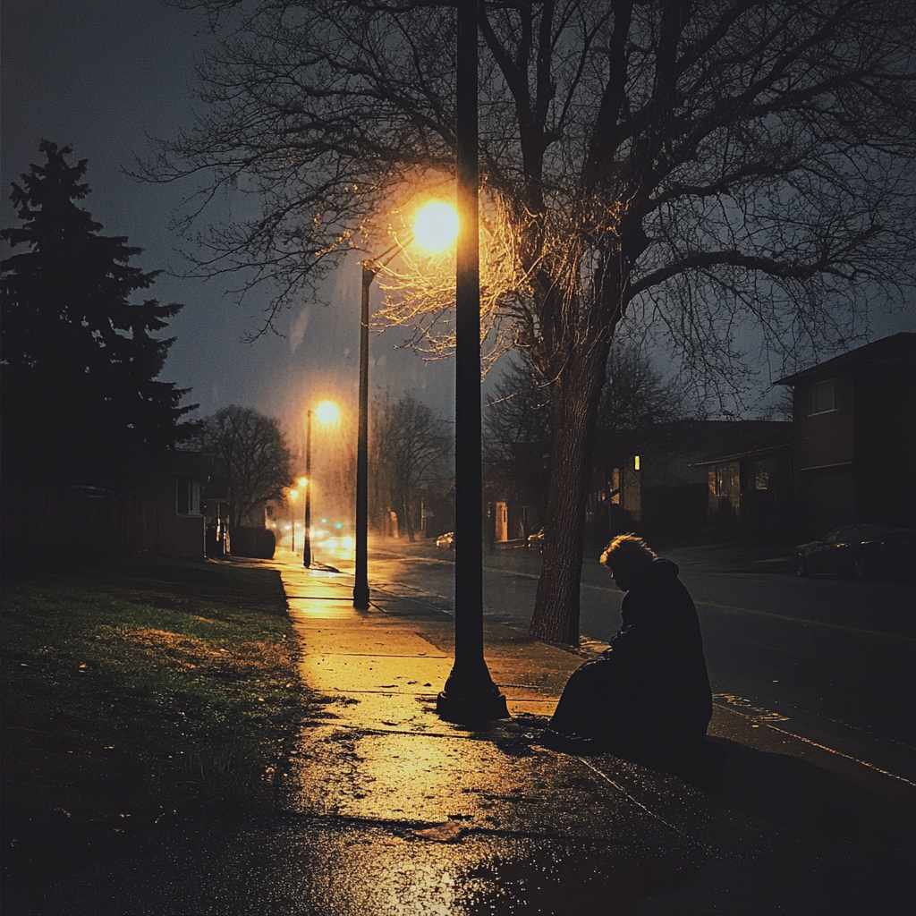 A person sitting on a walkway in the rain | Source: Midjourney