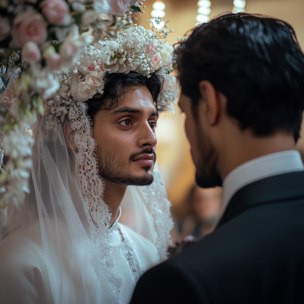 Man dressed as the bride standing next to the groom | Source: Midjourney