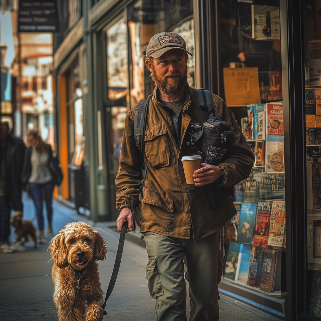 Um homem do lado de fora de uma livraria segurando uma xícara de café em uma mão e uma coleira de cachorro na outra | Fonte: Midjourney