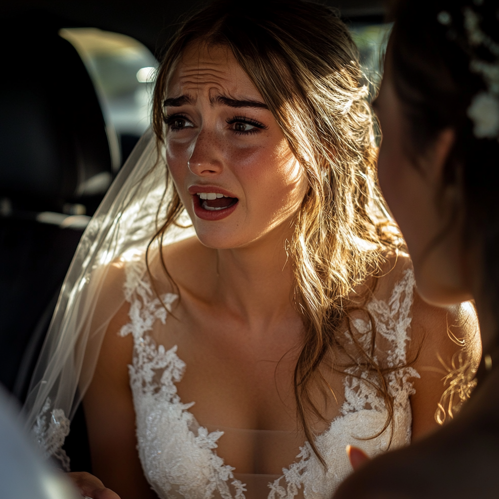 Sad bride talking to her friend in the car | Source: Midjourney