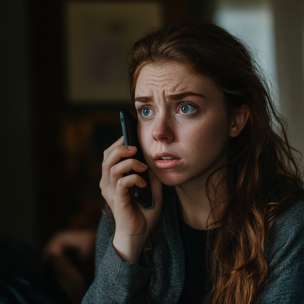 An upset woman talking on her phone | Source: Midjourney