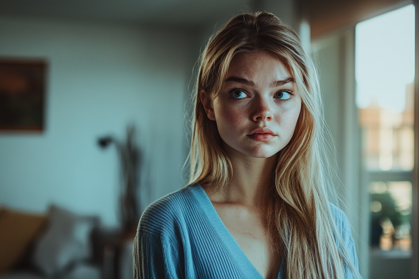 Une femme dans un salon, l'air bouleversée | Source : Midjourney