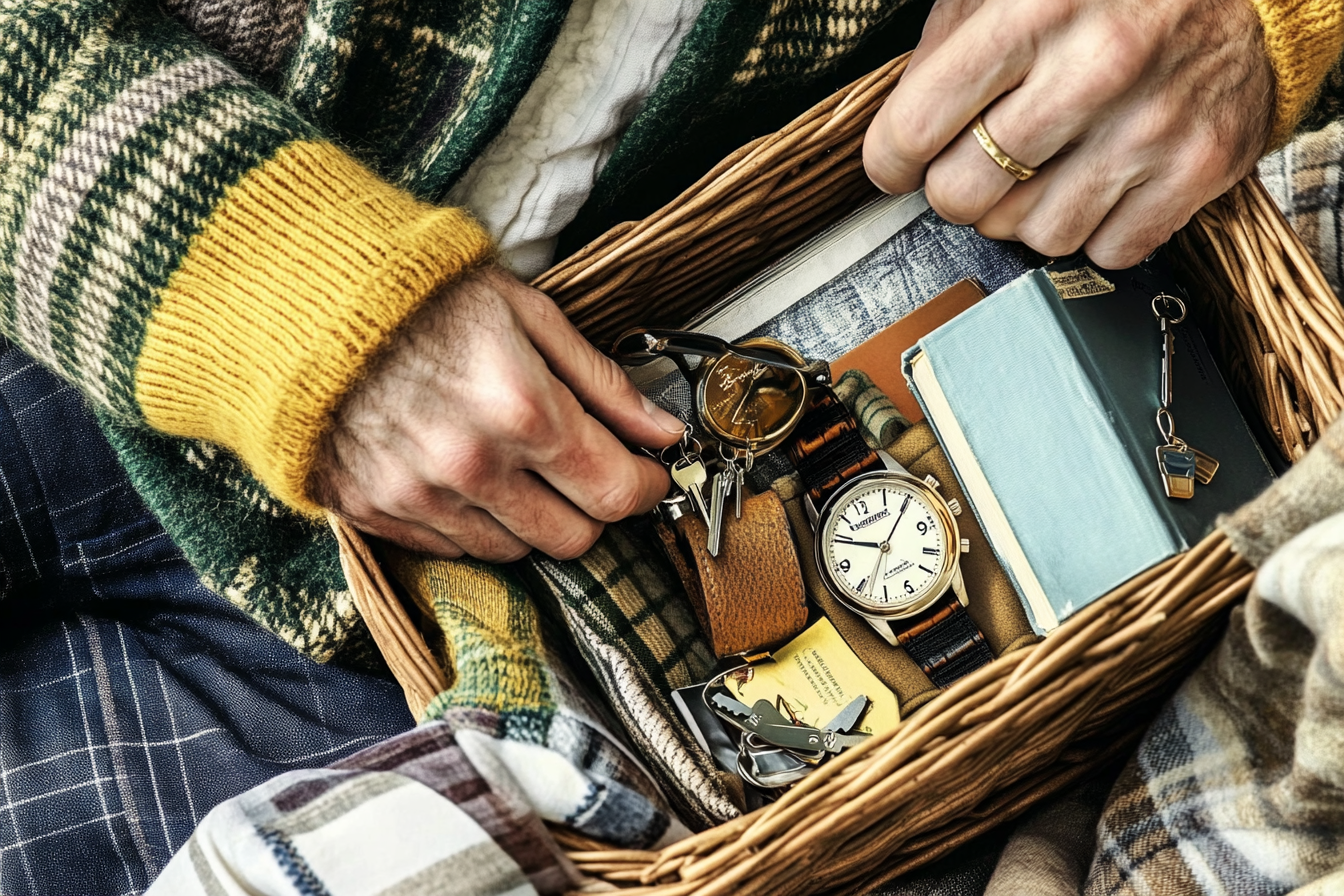 A man placing personal items into a basket | Source: Midjourney