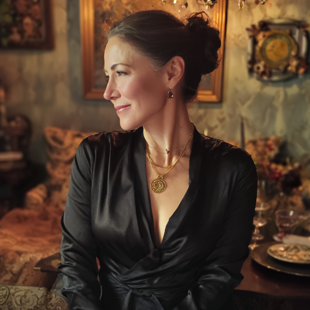 A smiling woman wearing a black dress | Source: Midjourney
