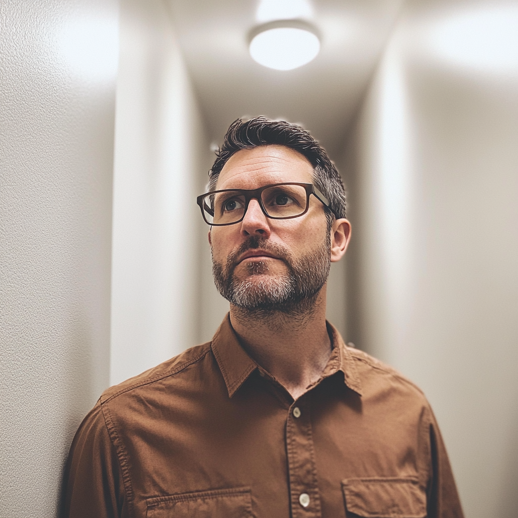 Nervous man standing in the hallway | Source: Midjourney