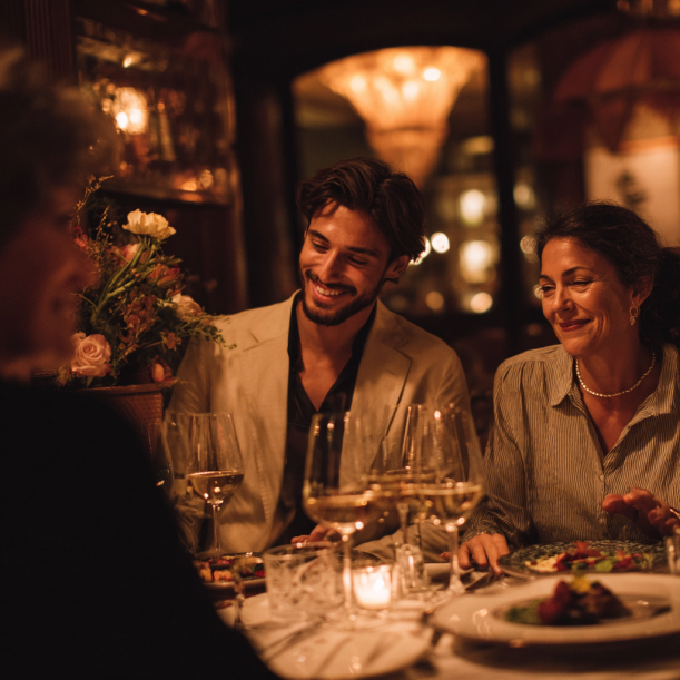 A couple having dinner with a mother | Source: Midjourney