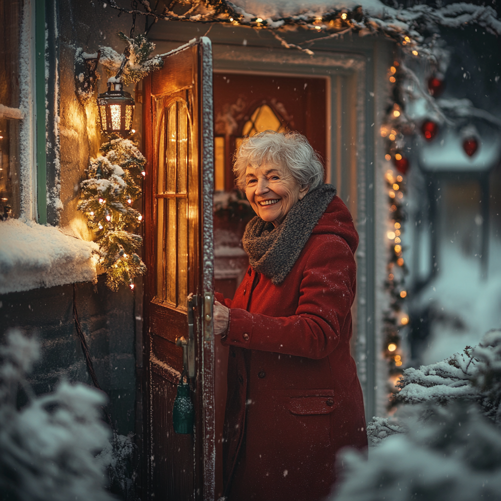 A smiling woman opening the door to her house | Source: Midjourney