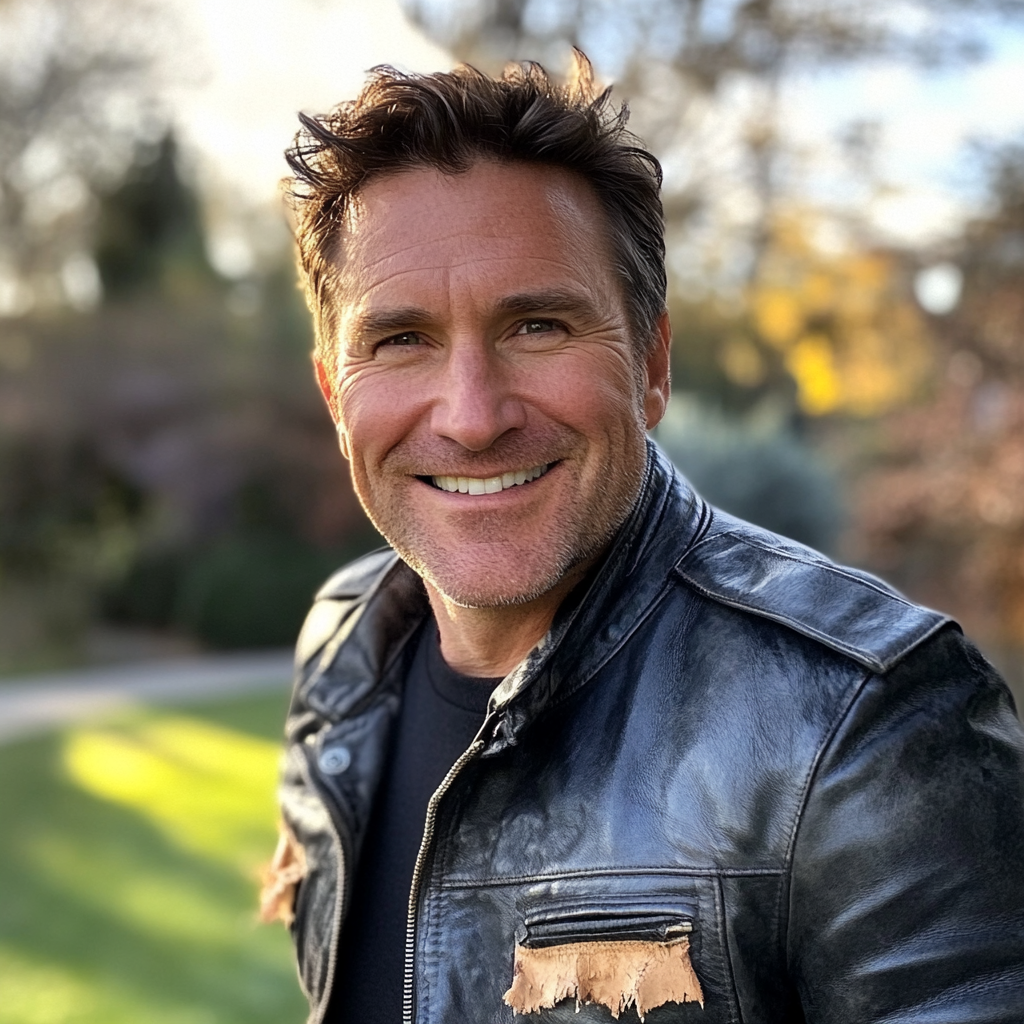 A smiling man wearing a leather jacket | Source: Midjourney