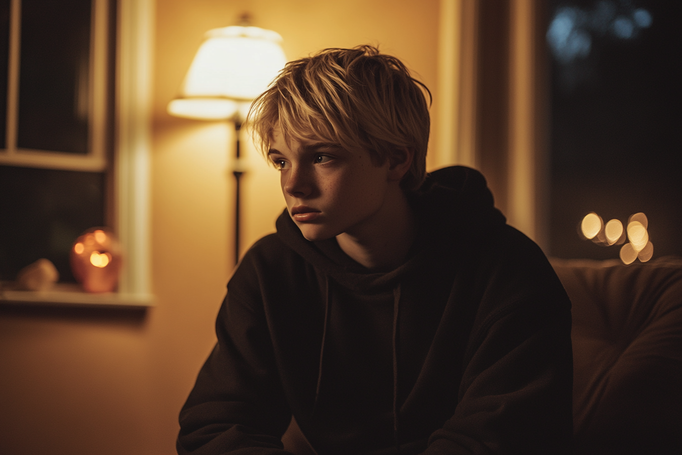 A surprised-looking blonde teen boy on a couch in a living room | Source: Midjourney