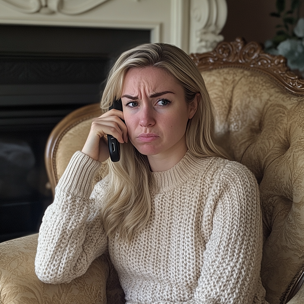 An upset woman talking on a phone | Source: Midjourney