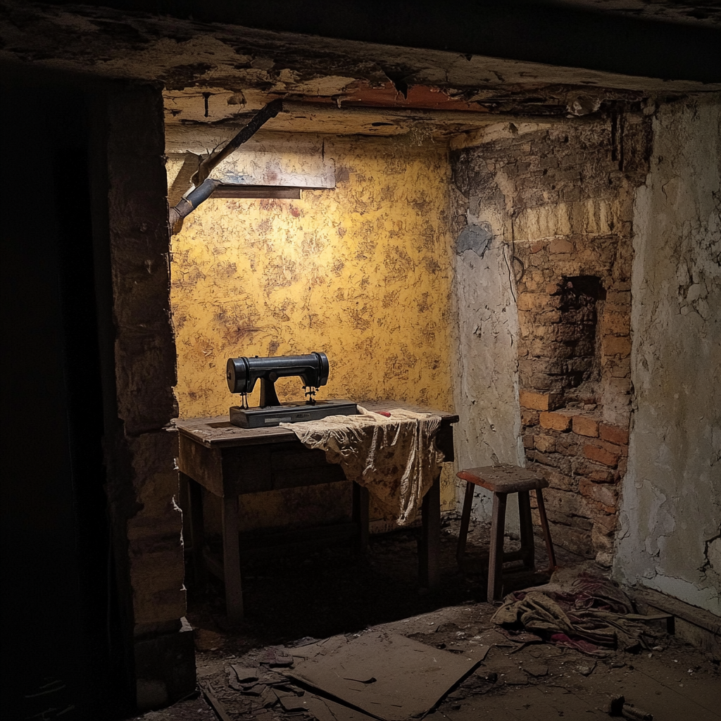 A basement with a sewing machine | Source: Midjourney