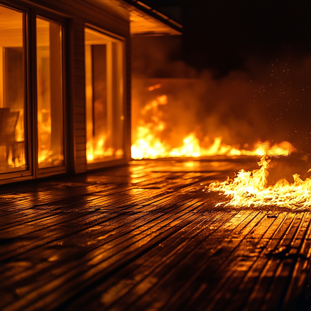 Fire spreading over the deck of a house | Source: Midjourney