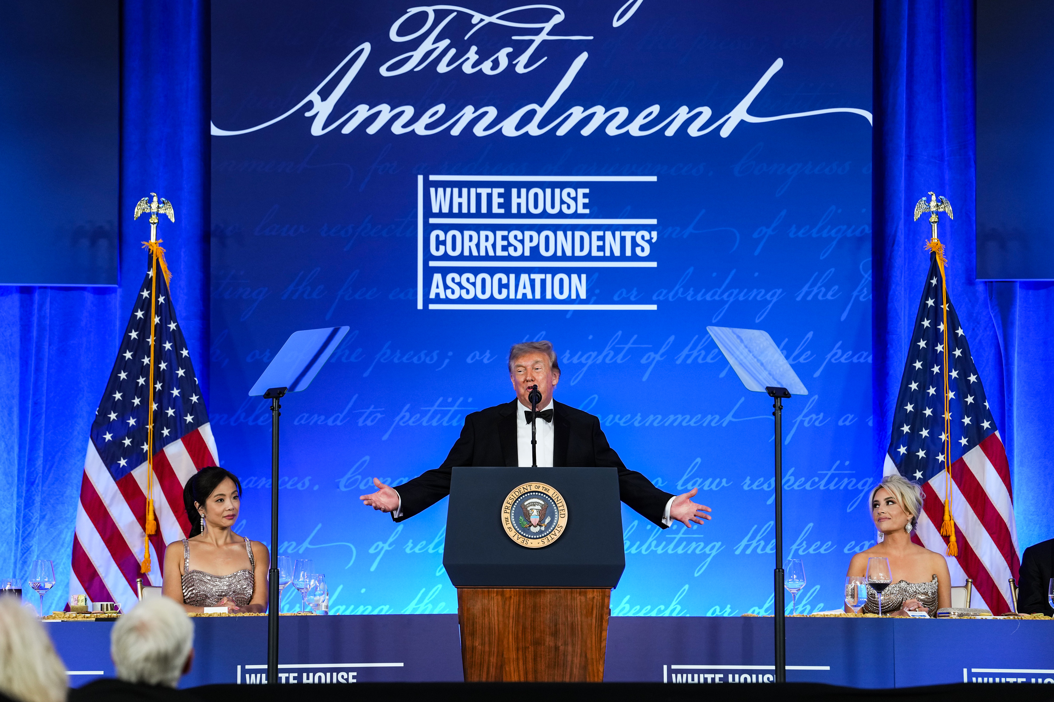 President Donald Trump speaks during the re-scheduled White House Correspondents Dinner in the Presidential Ballroom at the Waldorf Astoria on July 24, 2026 in Washington, DC. | Source: Getty Images
