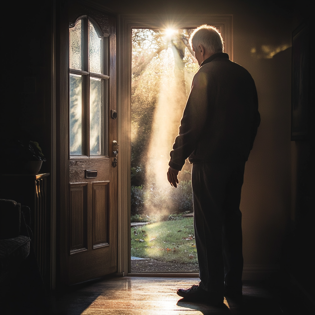 An older man standing in his doorway | Source: Midjourney