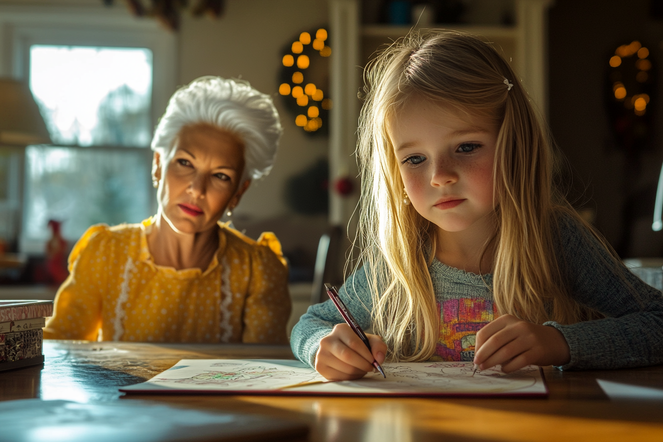 A little blonde girl coloring with an elegant woman in her 60s sitting beside her looking worried | Source: Midjourney