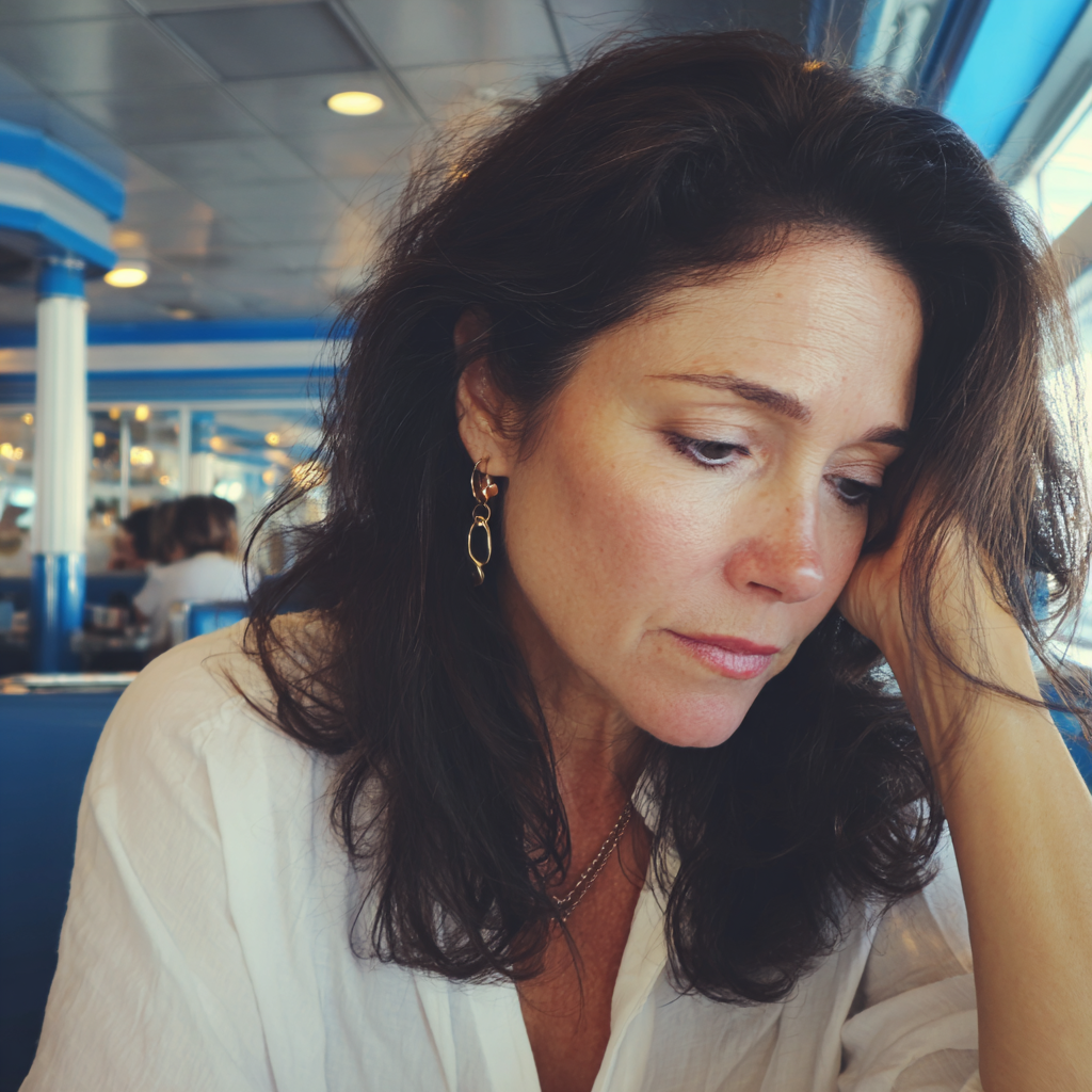 A pensive woman sitting in a diner | Source: Midjourney