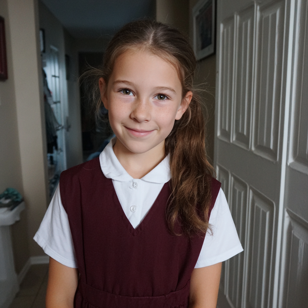 A smiling little girl in her uniform | Source: Midjourney