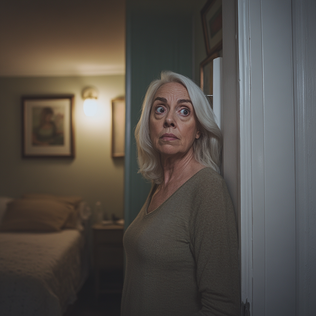 A woman looking at the closed bathroom door in her room | Source: Midjourney