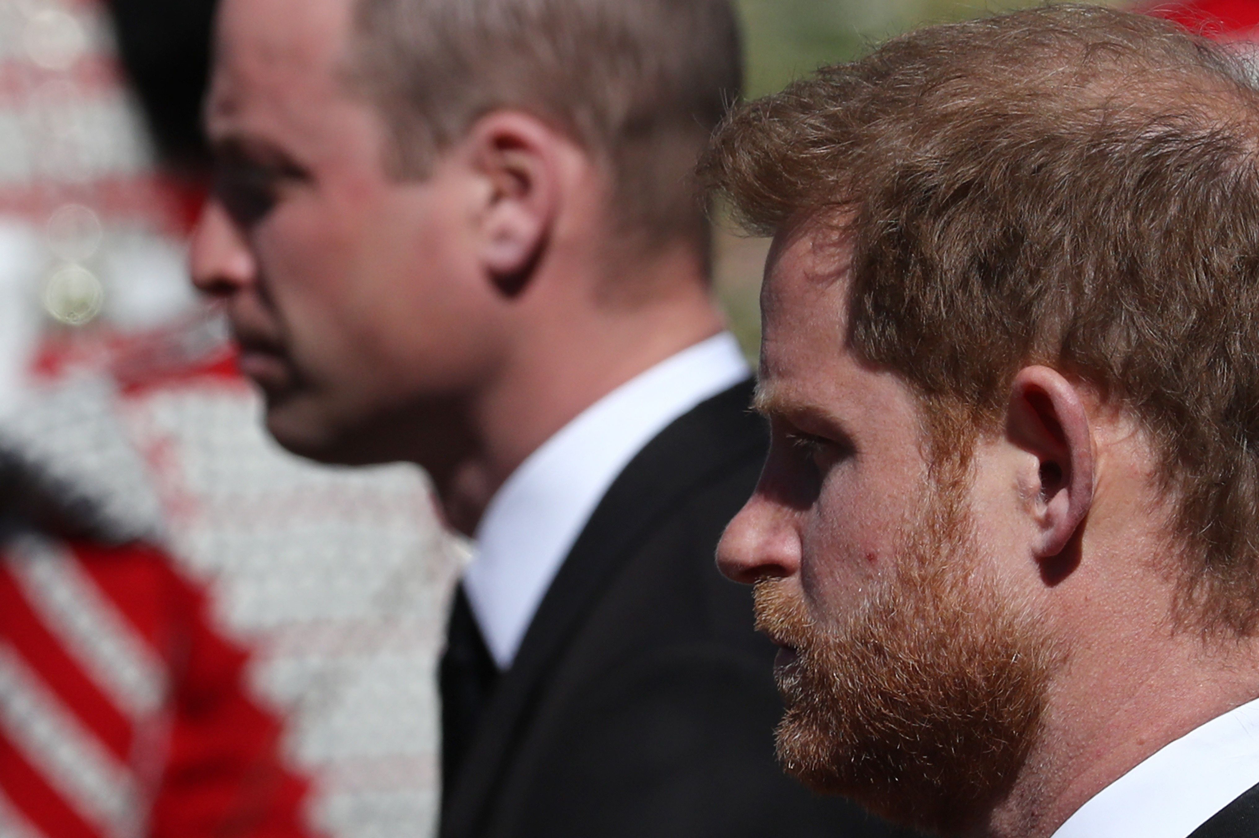 Prince William and Prince Harry at the funeral of Britain's Prince Philip at Windsor Castle in Windsor, west of London on April 17, 2021. | Source: Getty Images