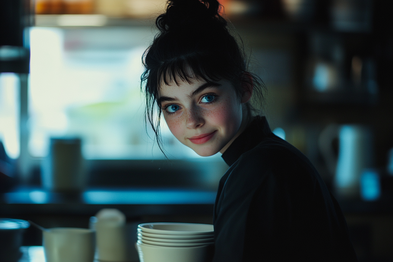 A woman smiling faintly in a kitchen | Source: Midjourney