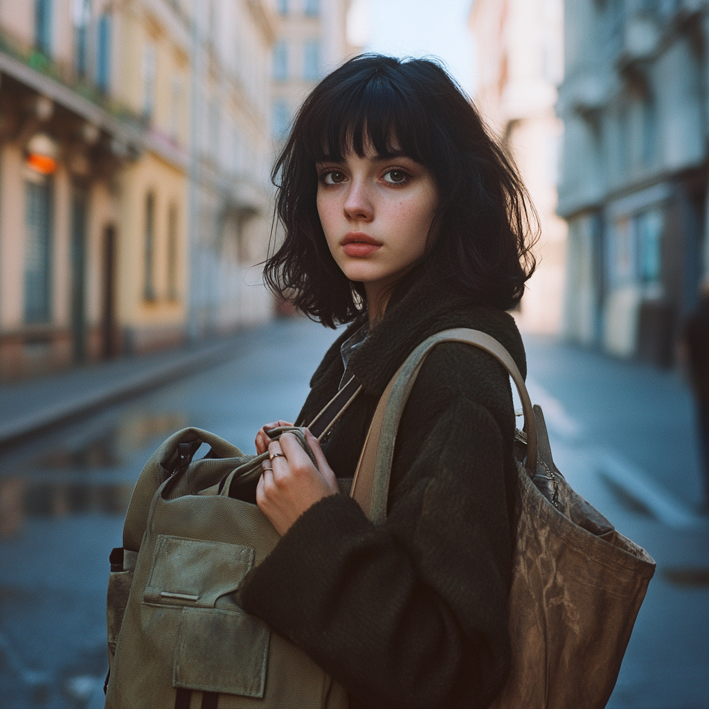 A nervous woman holding an old bag | Source: Midjourney